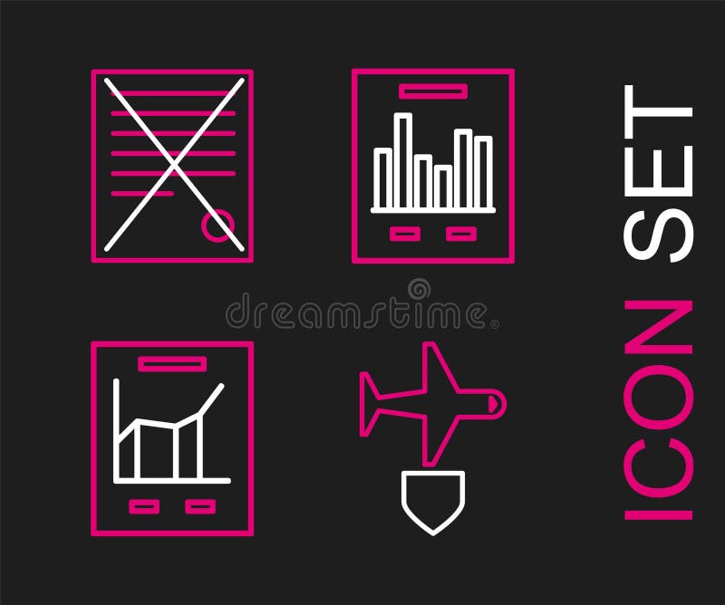 Set line Plane with shield, Document graph chart, and Delete file document icon. Vector stock illustration