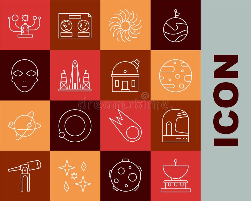 Set line Planet Saturn, Astronaut helmet, Satellite dish, Black hole, Rocket launch from the spaceport, Alien, Solar royalty free illustration