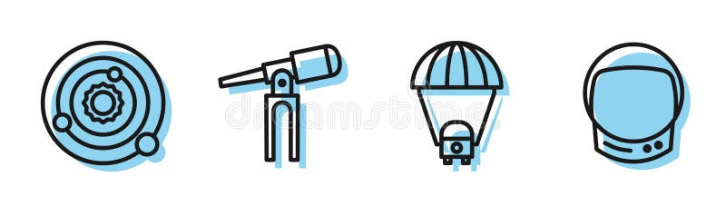 Set line Planet Saturn, Solar system, Telescope and Astronaut helmet icon. Vector vector illustration