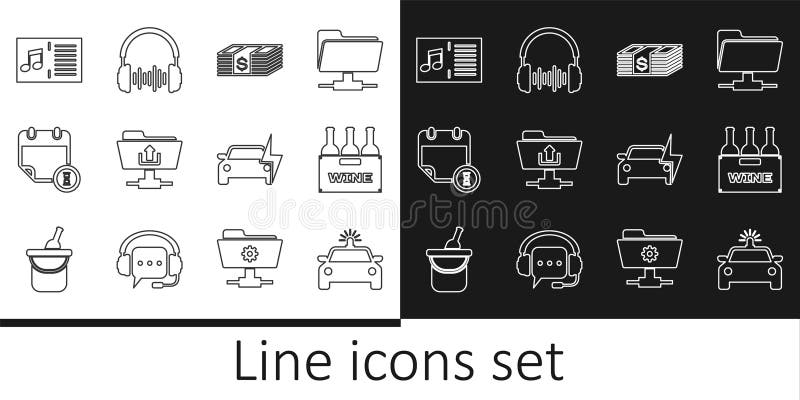 Set line Police car and flasher, Bottles of wine in box, Paper money dollars cash, FTP folder upload, Calendar clock vector illustration