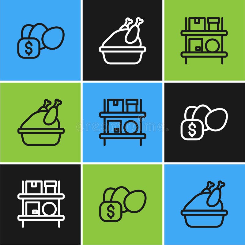 Set Line Price Tag for Egg, Warehouse Interior with Boxes and Roasted