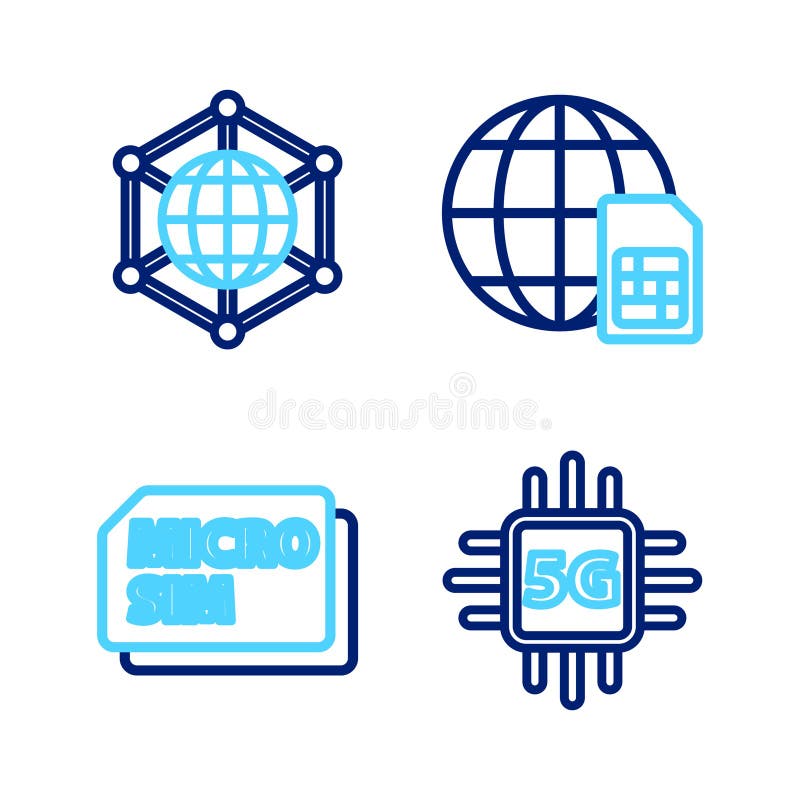 Set line Processor 5G, Micro Sim Card, network and Social icon. Vector vector illustration