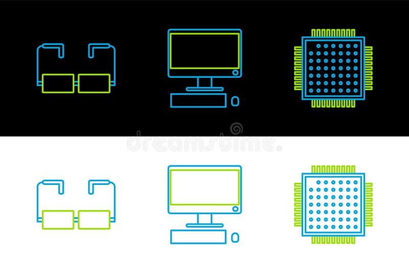 Set line Processor Glasses and Computer monitor with keyboard and mouse icon. Vector. Old computer keyboard cpu monitor vectors