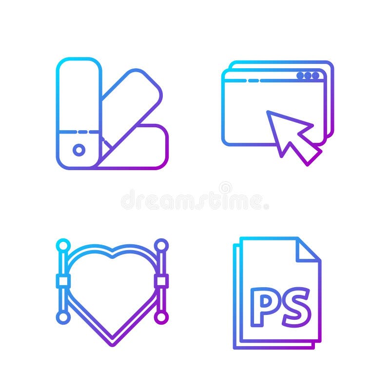 Set line PS File document, Heart with Bezier curve, Color palette guide and Web design and development. Gradient color icons. Vector.