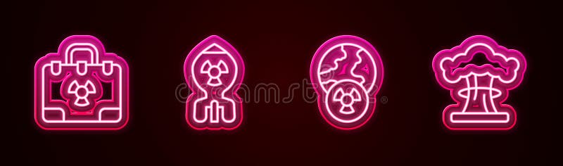 Set line Radiation nuclear suitcase, Nuclear bomb, Planet earth and radiation and explosion. Glowing neon icon. Vector