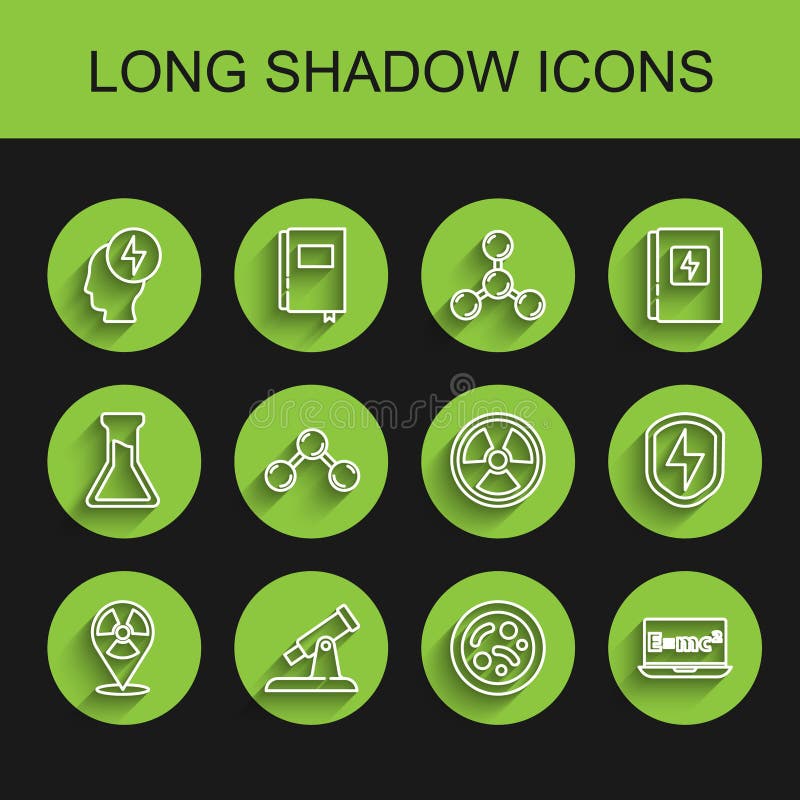 Set line Radioactive in location, Telescope, Head and electric symbol, Bacteria, Equation solution, Molecule, Secure vector illustration