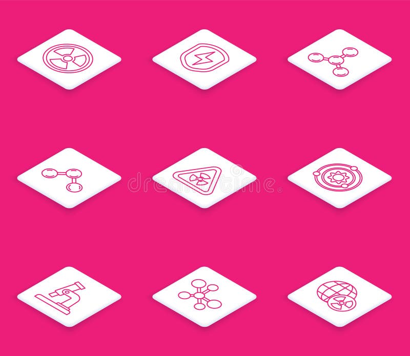 Set line Radioactive, Secure shield with lightning, Molecule, Triangle radiation, Solar system, Microscope and icon royalty free illustration