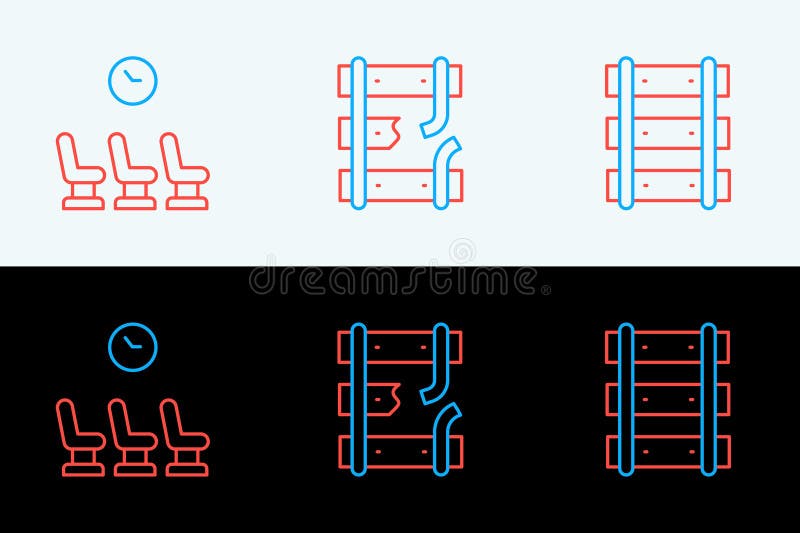 Set line Railway, railroad track, Waiting room and Broken rails on railway icon. Vector stock illustration