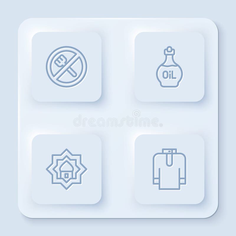 Set line ramadan νηστεία απαραίτητο πετρελαϊκό μπουκάλι μουσουλμανικό τέμενος και πουκάμισο kurta. λευκό τετράγωνο κουμπί. διάνυσμα.