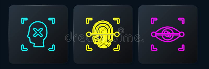 Set line Rejection face recognition, Eye scan and Fingerprint. Black square button. Vector stock illustration
