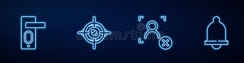 Set line Rejection face recognition, Fingerprint door lock, Eye scan and Motion sensor. Glowing neon icon on brick wall vector illustration