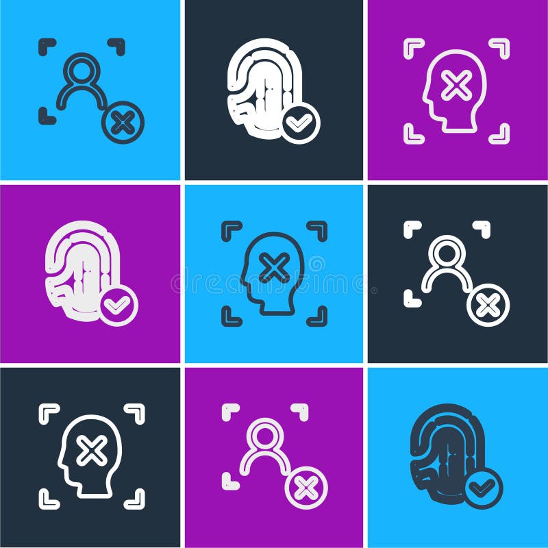 Set line Rejection face recognition, and Fingerprint icon. Vector vector illustration