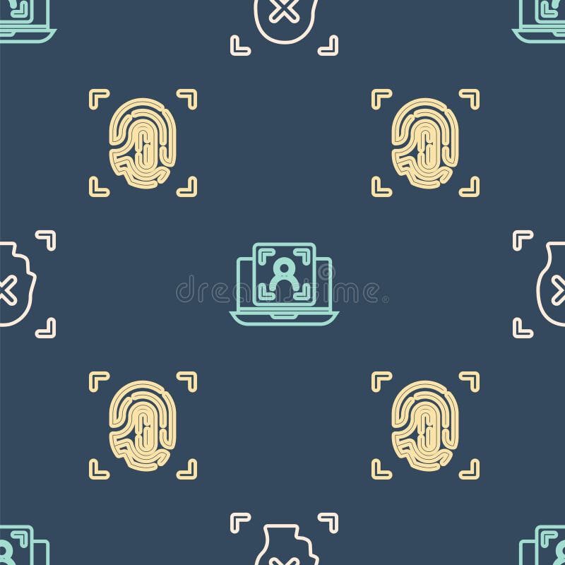 Set line Rejection face recognition, Fingerprint and Laptop with on seamless pattern. Vector vector illustration