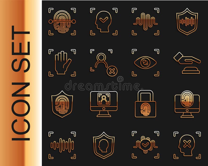 Set line Rejection face recognition, Monitor with fingerprint, Palm, Voice, Fingerprint and Eye scan icon. Vector vector illustration
