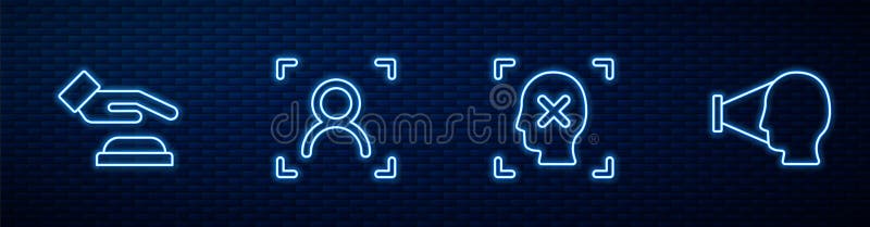 Set line Rejection face recognition, Palm print, Face and. Glowing neon icon on brick wall. Vector stock illustration