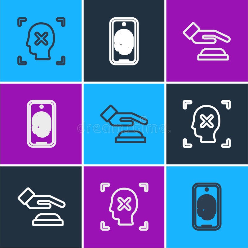 Set line Rejection face recognition, Palm print and Mobile with fingerprint scan icon. Vector royalty free illustration
