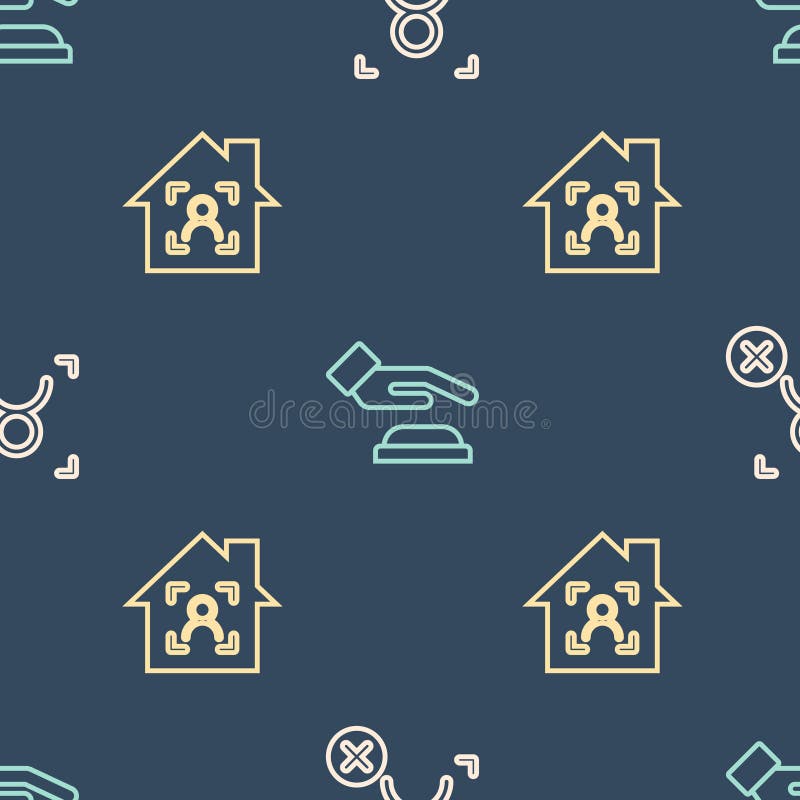 Set line Rejection face recognition, Smart home with id and Palm print on seamless pattern. Vector stock illustration