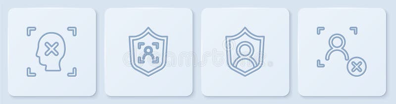 Set line Rejection face recognition, User protection, Shield and. White square button. Vector stock illustration