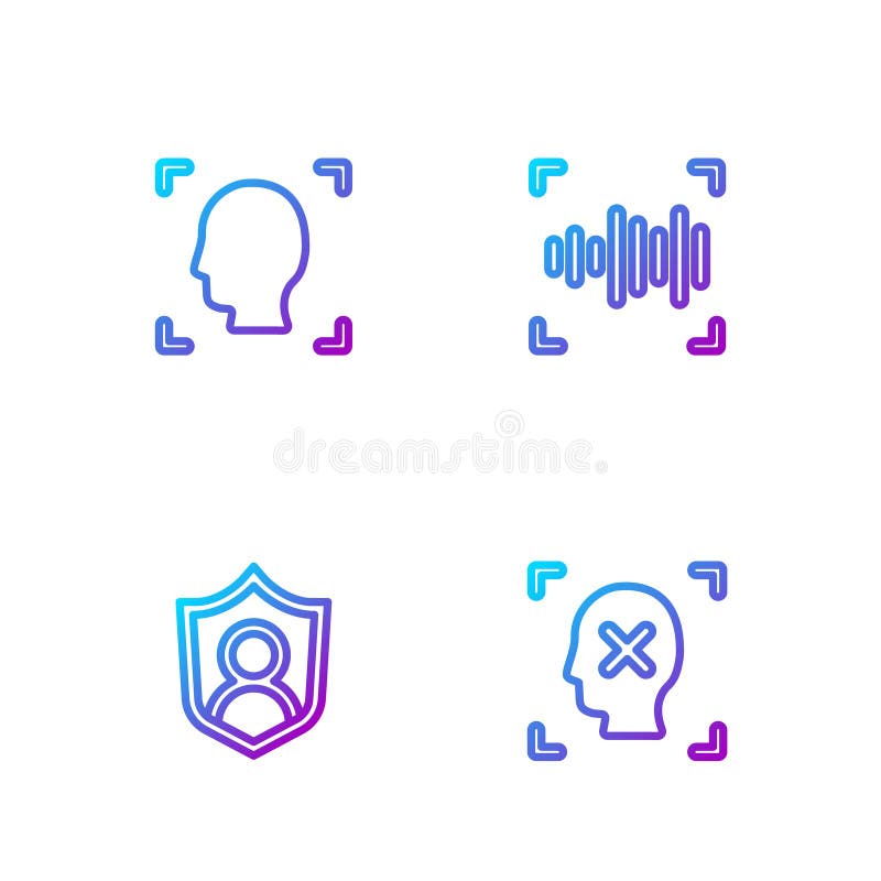 Set line Rejection face recognition, User protection, Face and Voice. Gradient color icons. Vector royalty free illustration