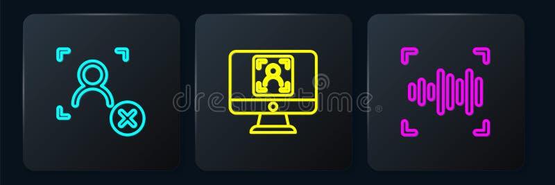 Set line Rejection face recognition, Voice and Face. Black square button. Vector royalty free illustration