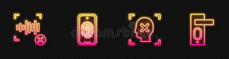 Set line Rejection face recognition, voice, Mobile with fingerprint scan and Fingerprint door lock. Glowing neon icon vector illustration
