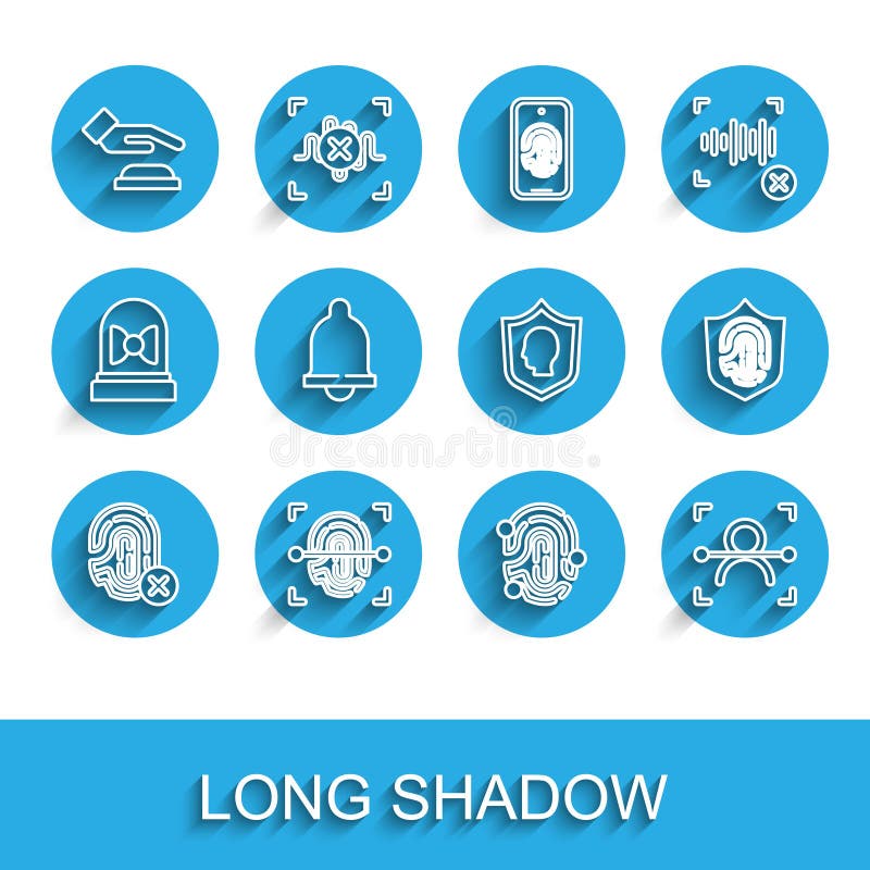 Set line Rejection fingerprint, Fingerprint, Palm recognition, Face, Motion sensor, shield and User protection icon stock illustration