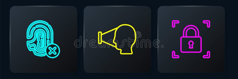 Set line Rejection fingerprint, Fingerprint with lock and Face recognition. Black square button. Vector royalty free illustration