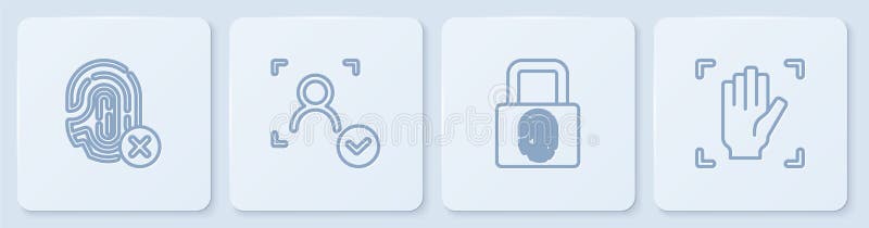 Set line Rejection fingerprint, Fingerprint with lock, Face recognition and Palm. White square button. Vector royalty free illustration
