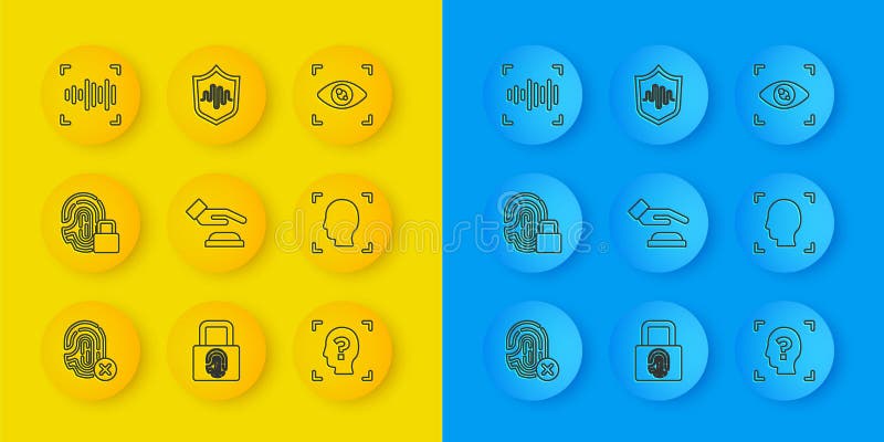 Set line Rejection fingerprint, Fingerprint with lock, Palm recognition, Face, Voice, Eye scan and Shield voice icon stock illustration