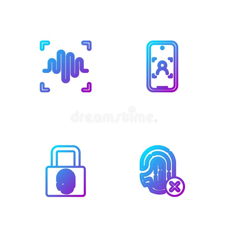 Set line Rejection fingerprint, Fingerprint with lock, Voice recognition and Mobile and face. Gradient color icons stock illustration