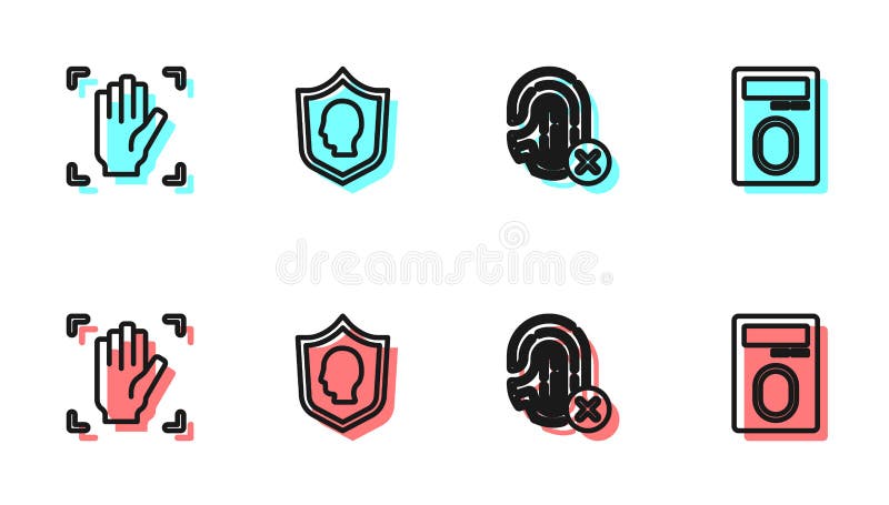 Set line Rejection fingerprint, Palm recognition, User protection and Fingerprint with lock icon. Vector royalty free illustration