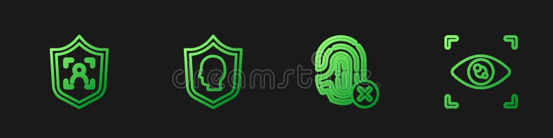 Set line Rejection fingerprint, Shield face recognition, User protection and Eye scan. Gradient color icons. Vector royalty free illustration