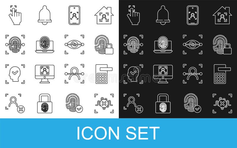 Set line Rejection voice recognition, Digital door lock, Fingerprint with, Mobile and face, Laptop fingerprint, and Eye royalty free illustration
