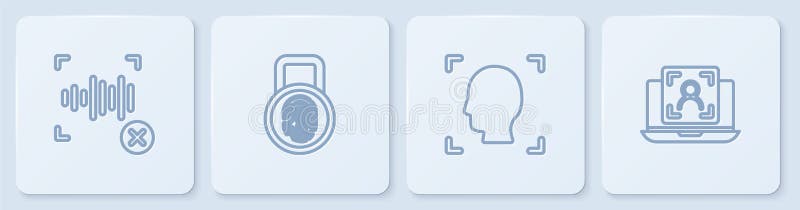 Set line Rejection voice recognition, Face, Fingerprint with lock and Laptop face. White square button. Vector vector illustration