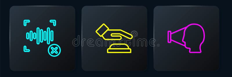 Set line Rejection voice recognition, Face and Palm print. Black square button. Vector royalty free illustration