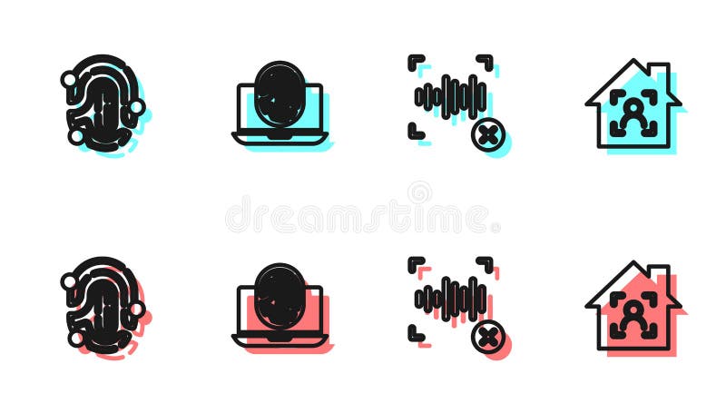 Set line Rejection voice recognition, Fingerprint, Laptop with fingerprint and Smart home face id icon. Vector royalty free illustration