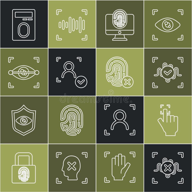 Set line Rejection voice recognition, Fingerprint, Voice, Monitor with fingerprint, Face, Eye scan, lock and icon stock illustration