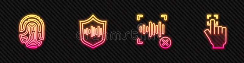 Set line Rejection voice recognition, Fingerprint, Shield and. Glowing neon icon. Vector royalty free illustration