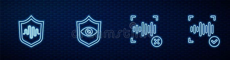Set line Rejection voice recognition, Shield, eye scan and Voice. Glowing neon icon on brick wall. Vector stock illustration
