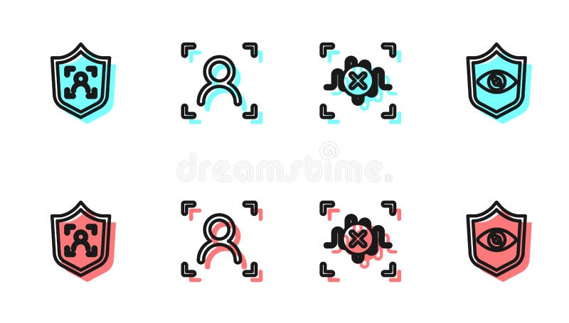 Set line Rejection voice recognition, Shield face, Face and eye scan icon. Vector royalty free illustration