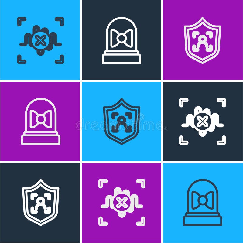 Set line Rejection voice recognition, Shield face and Motion sensor icon. Vector royalty free illustration