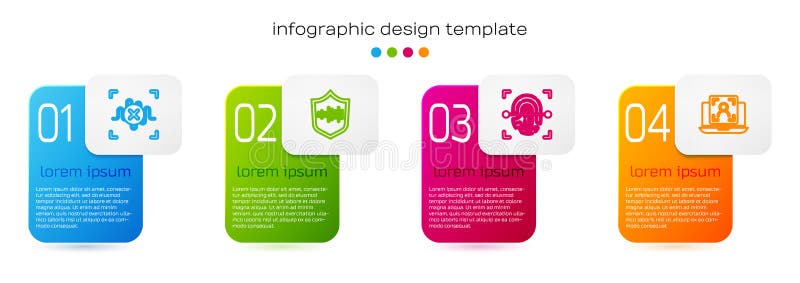 Set line Rejection voice recognition, Shield, Fingerprint and Laptop with face. Business infographic template. Vector vector illustration