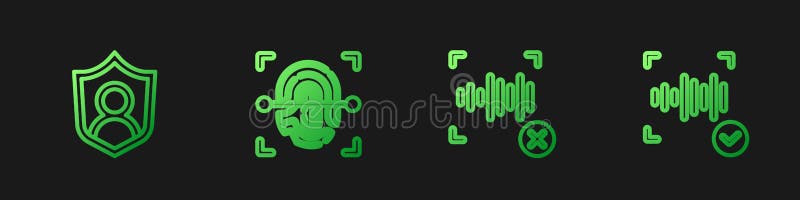 Set line Rejection voice recognition, User protection, Fingerprint and Voice. Gradient color icons. Vector stock illustration