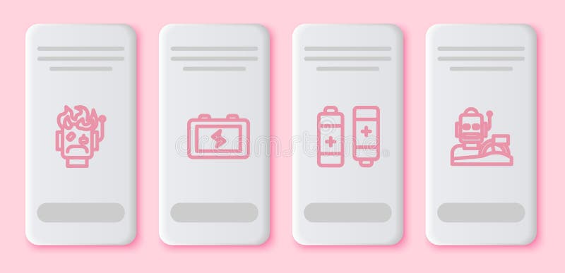 Set line Robot burned out, Battery, and humanoid driving car. White rectangle button. Vector vector illustration