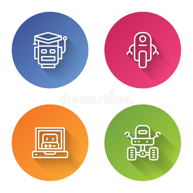 Set line Robot, , Creating robot and Mars rover. Color circle button. Vector vector illustration