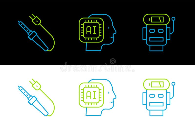 Set line Robot low battery charge Lötkolben und Humanoid Roboter Icon. Vector vektor abbildung