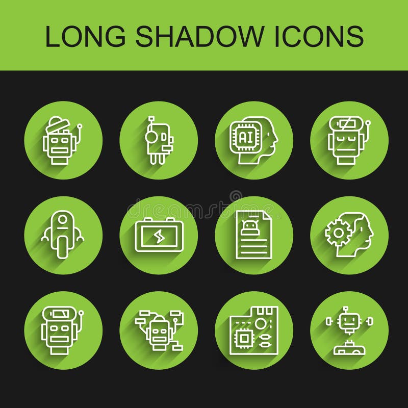 Set line Robot low battery charge, Motherboard digital chip, Disassembled robot, Battery, Humanoid and Technical stock illustration