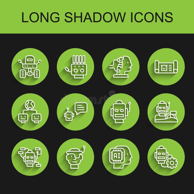 Set line Robot, Smart glasses, Mars rover, Humanoid robot, setting, Bot, humanoid driving car and icon. Vector vector illustration