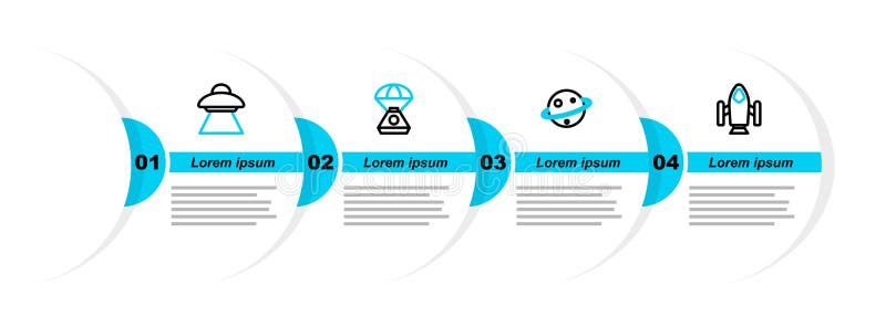 Set line Rocket ship, Planet Saturn, Space capsule and UFO flying spaceship icon. Vector vector illustration