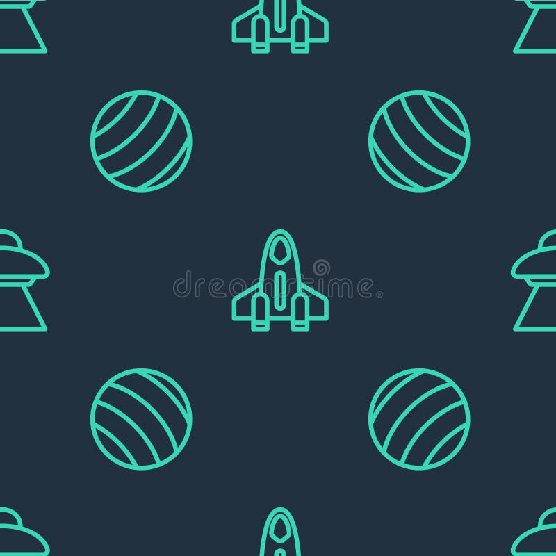 Set line Rocket ship, Planet and UFO flying spaceship on seamless pattern. Vector vector illustration
